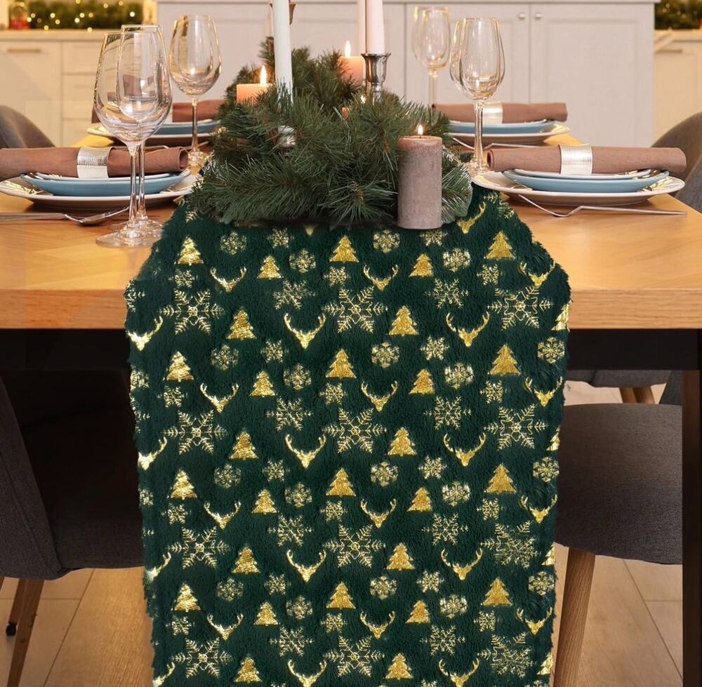 Christmas Table Runner Trees / Snow Soft Plush Faux Fur Green / Gold 14 x 72 "